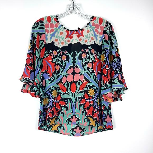 Maeve Folkart Kimono Silk Blouse Keyhole Back Bell Sleeves Sheer Womens Size 0 - Picture 4 of 13